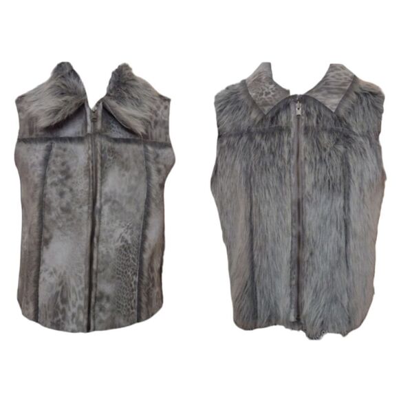 Lisa International reversible vest faux fur and suede leopard print grey shaggy - Picture 1 of 11